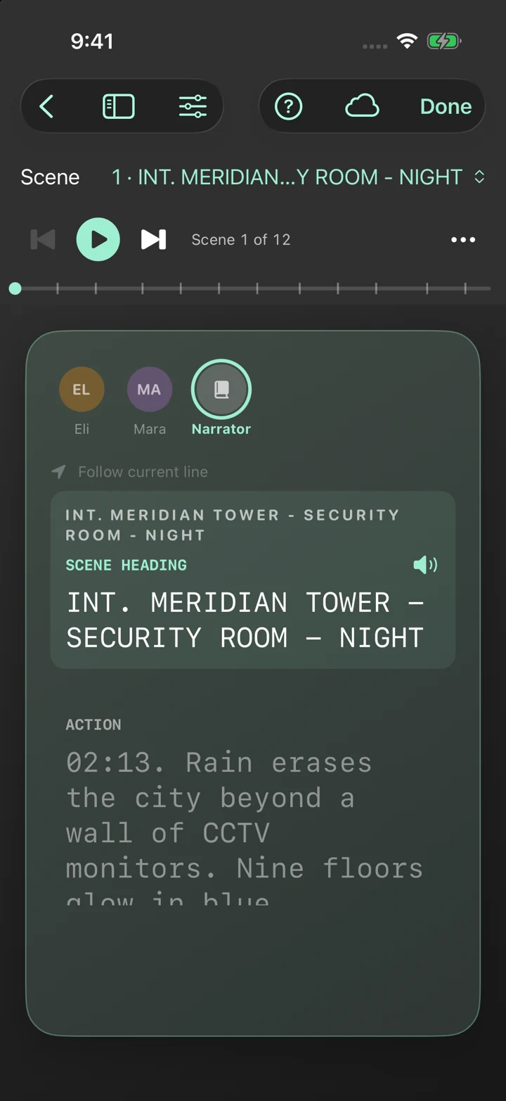 Cut To Fade Table Read interface on iPhone